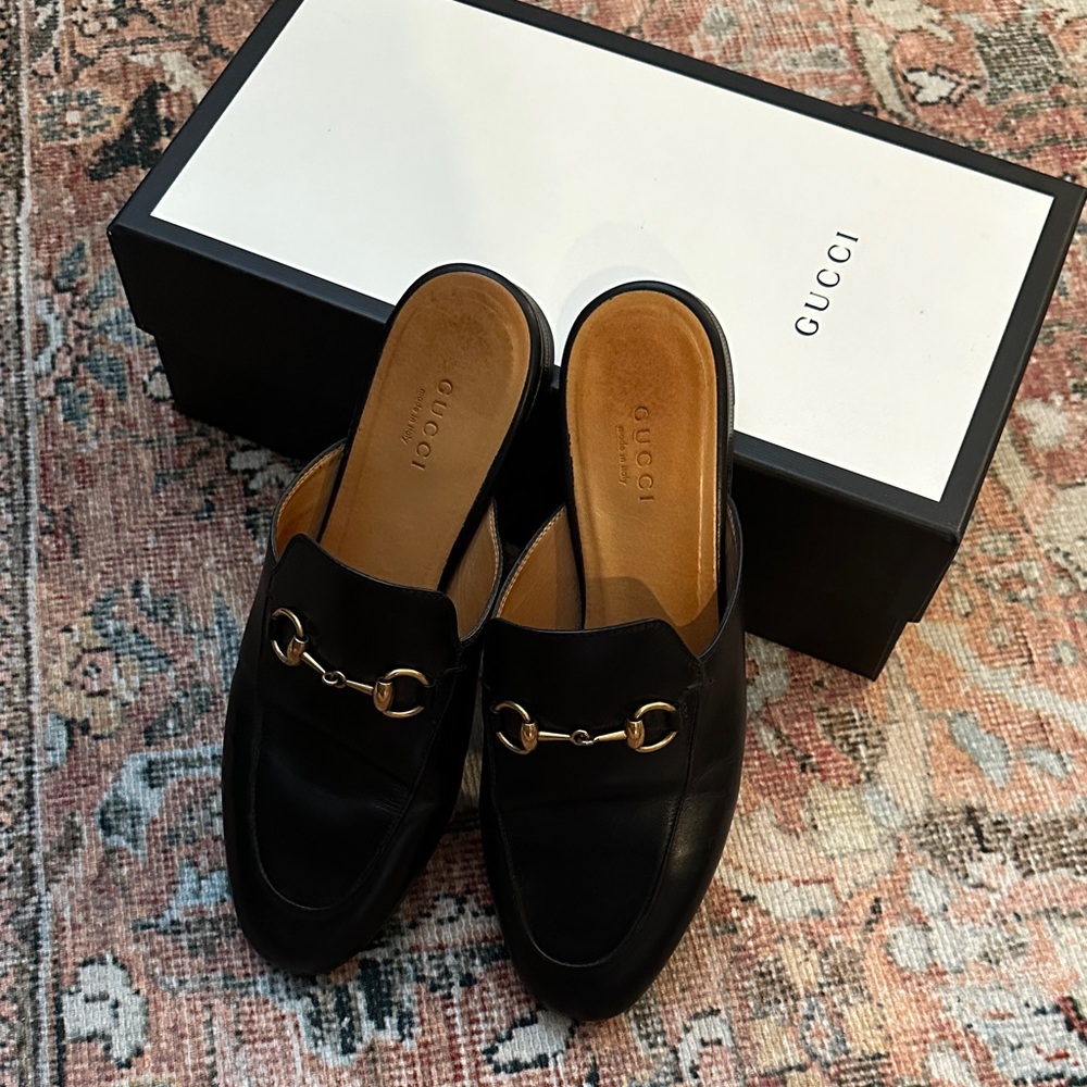 Gucci Black Leather Horsebit Princetown Slides with Gold Hardware Size 37 US 7